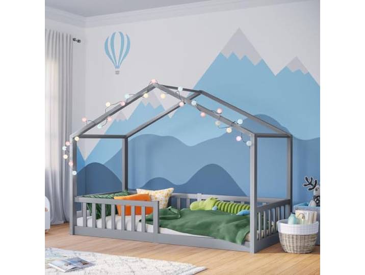 Bellabino Bia Kinderbett 90x200 cm, Bodenbett, Hellgrau, mit Rausfallschutz Montessori Hausbett aus Massivholz Kiefer, mit Lattenrost, für Jungen & Mädchen, Holzbett, Kinderzimmermöbel, Bettgestell