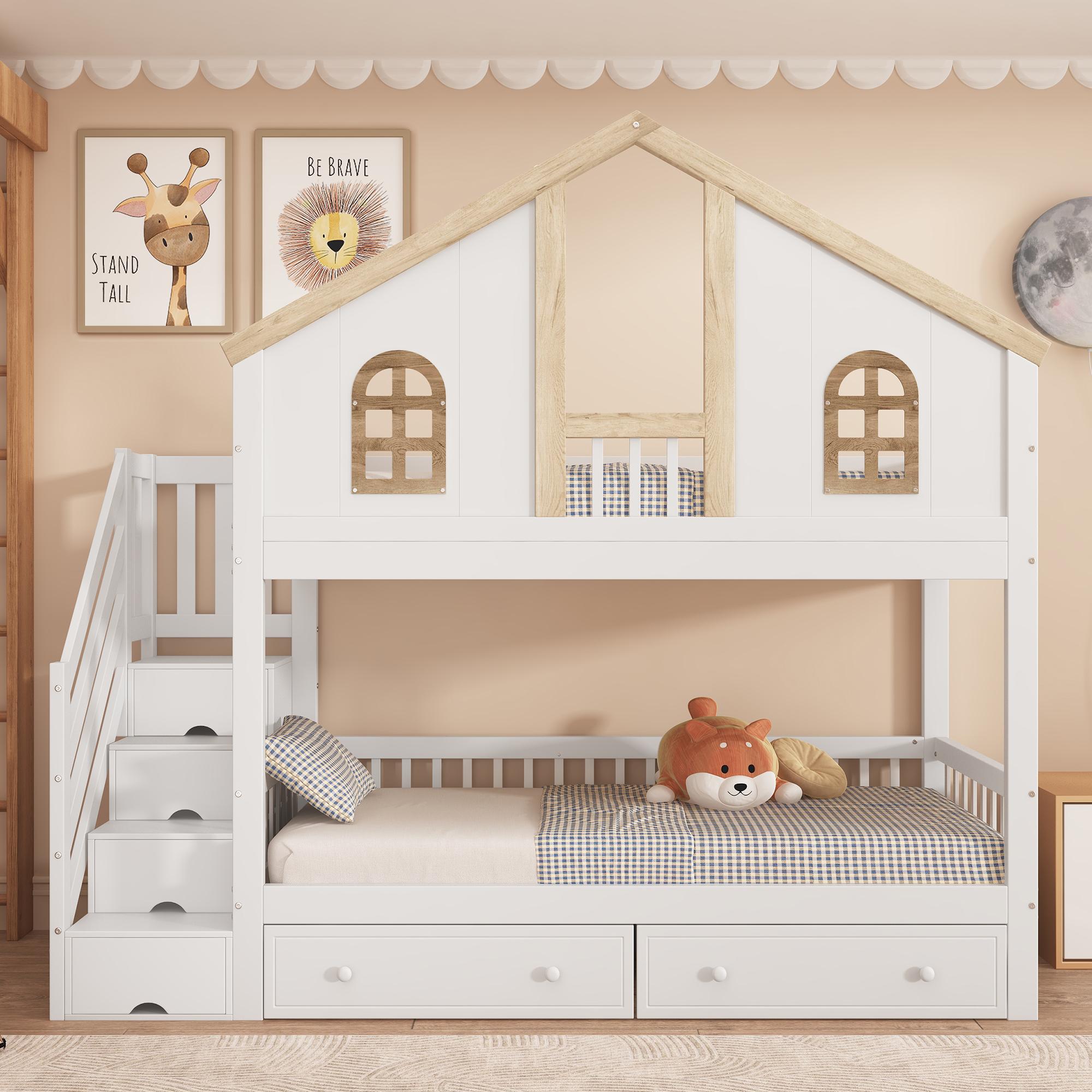 Merax Etagenbett 90x200cm mit Stauraumtreppe und Schubladen, Hausbett mit Rausfallschutz und Fensterdesign, Kinderbett mit Stauraum, Weiß/Natur