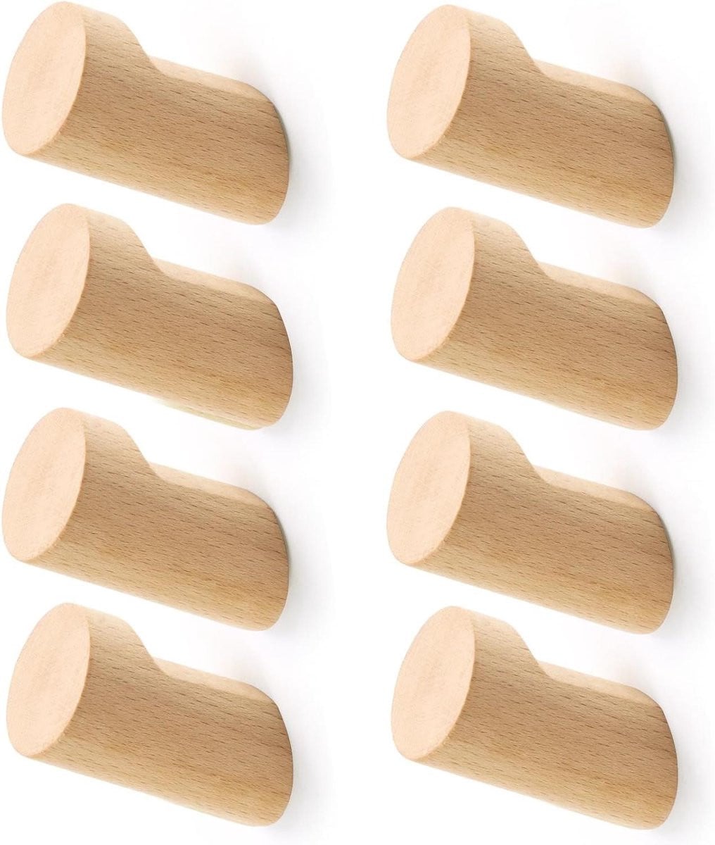 Set van 8 handgemaakte houten wandhaken van beukenhout