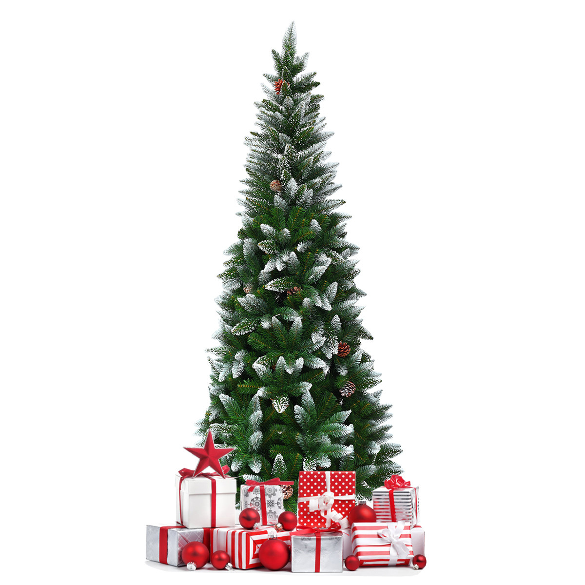 Costway Besneeuwde Kerstboom met Dennenappels en Metalen Standaard, 180 cm, 630 PVC-takken