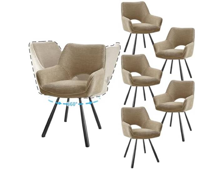 JIJIAN 6er Set 360° Drehbare Esszimmerstühle mit Armlehnen, Braun Drehbar Stühle Esszimmer mit Metallbeinen, Moderner Küchenstuhl aus Cord, Polsterstuhl für Esszimmer, Küche, Wohnzimmer