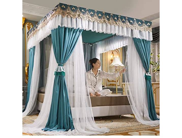 Betthimmel Betthimmel Mit 4 Eckpfosten Für Twin Queen King, Mit Spitze Bestickter Luxus-Bettvorhang, Moskitonetz Mit Ständer (Color : Green-1, Size : 200X220cm/79X87inch)
