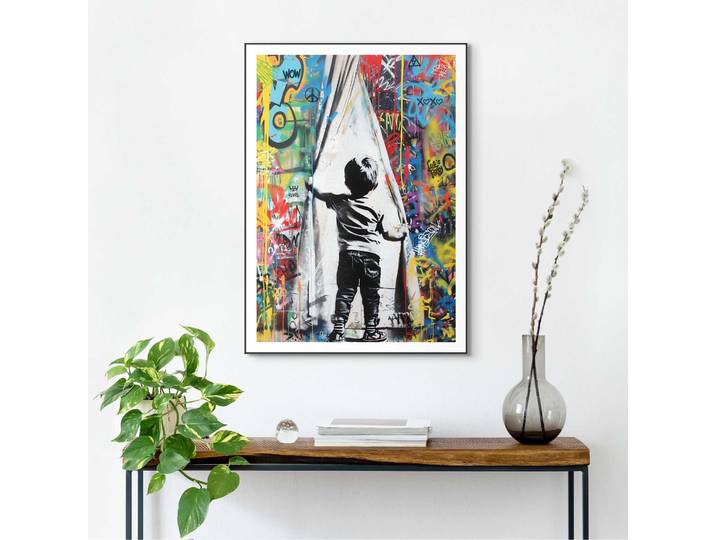 Bild mit Rahmen REINDERS Grafitti Surprise , farbe bild(er): mehrfarbig, B:50cm H:70cm T:1,6cm, MDF, Bilder, Bild mit Rahmen, Kinderzimmer - Kind - Vorhang - Mehrfarbig - MDF Street Art - 50x70 cm