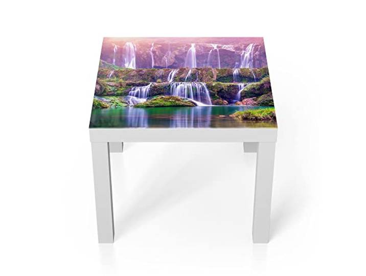 DEQORI Glastisch weiß klein 55x55 cm Motiv Terrassen-Wasserfälle ausgefallener Beistelltisch aus Glas Hochglanz Couchtisch fürs Wohnzimmer moderner Couch Tisch mit Design