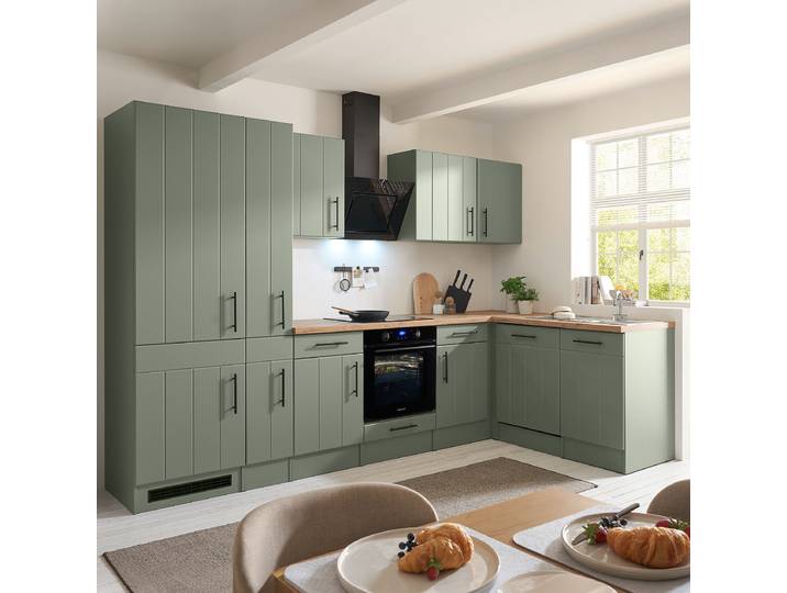 Cuisine d’angle Anton 310cm Vert/Vert roseau Induction Avec électroménager