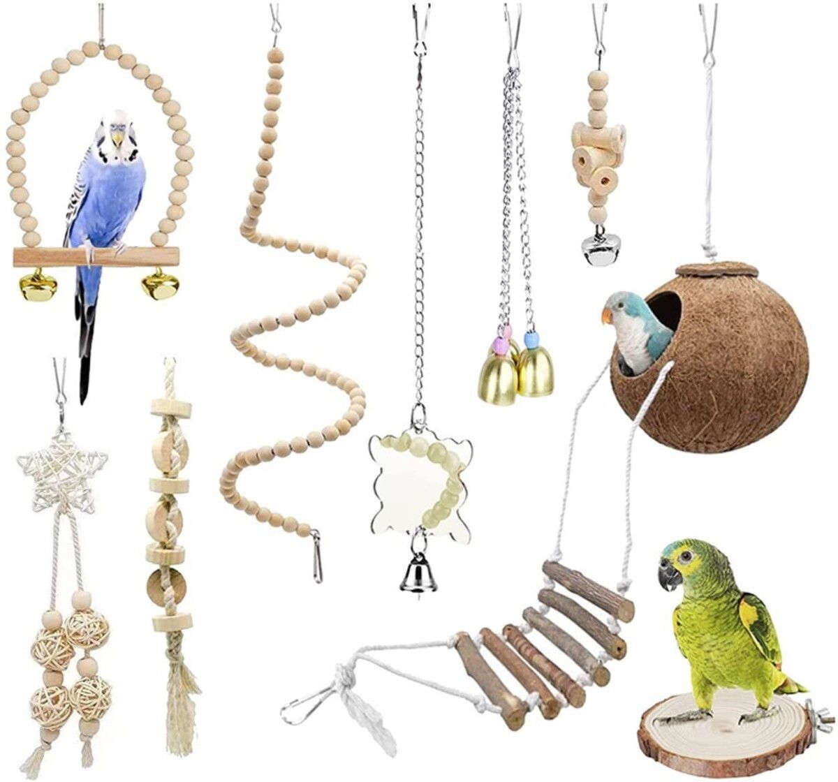 INF 9-teiliges Kiefernholz Vogelkäfig-Spielzeug-Set — Naturholz-Bereicherung mit Leiter, Schaukel und kaubaren Zubehör