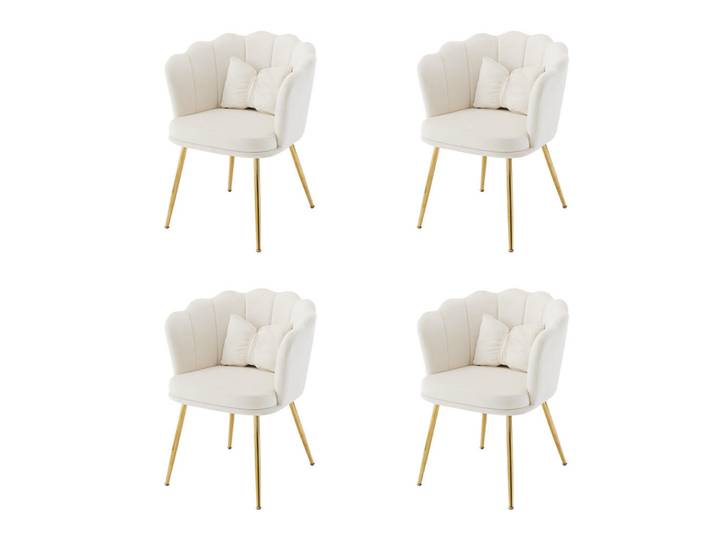 Flieks Stuhl SET 4-Teilig Samt Polster Blütenblatt-Rücken Goldfüße & Kissen Beige, Holz, 62x43x54 cm, Esszimmer, Stühle, Armlehnstühle