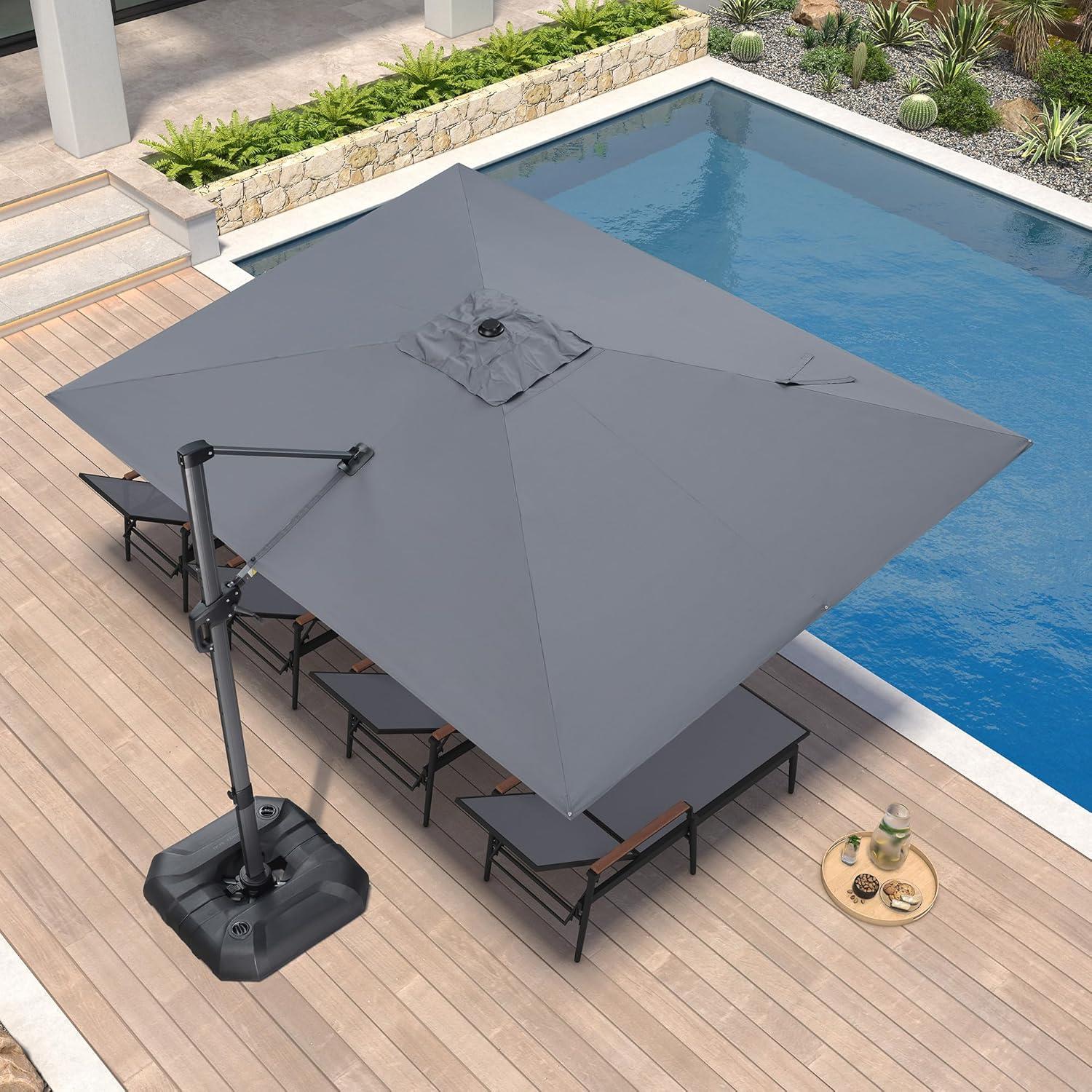 PURPLE LEAF Sonnenschirm 270 x 350 cm, Ampelschirm Groß, Rechteckig Gartenschirm mit Kurbel, Gestell Aluminium, 360° Rotation, UV-beständig, Hellgrau