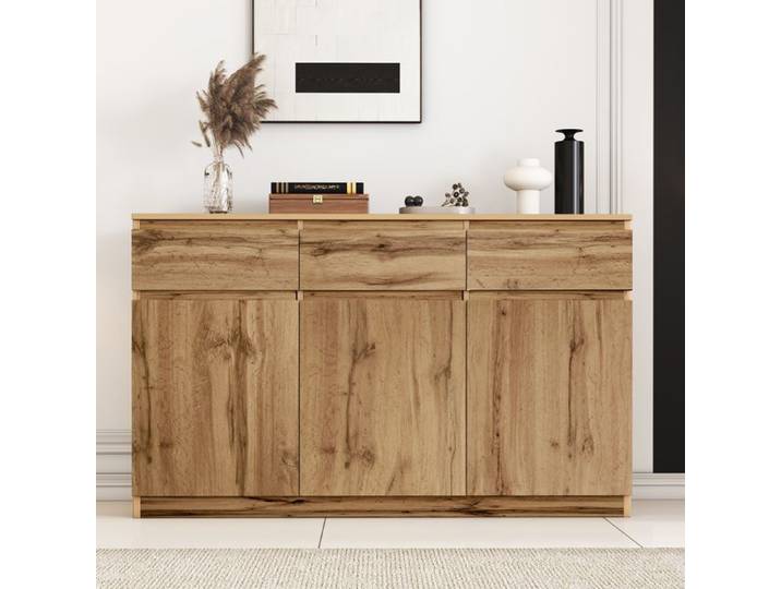 Buffet multifonctionnel en bois - 135x40x81 cm - Bois - 3 portes - 3 tiroirs - Panneau de particules