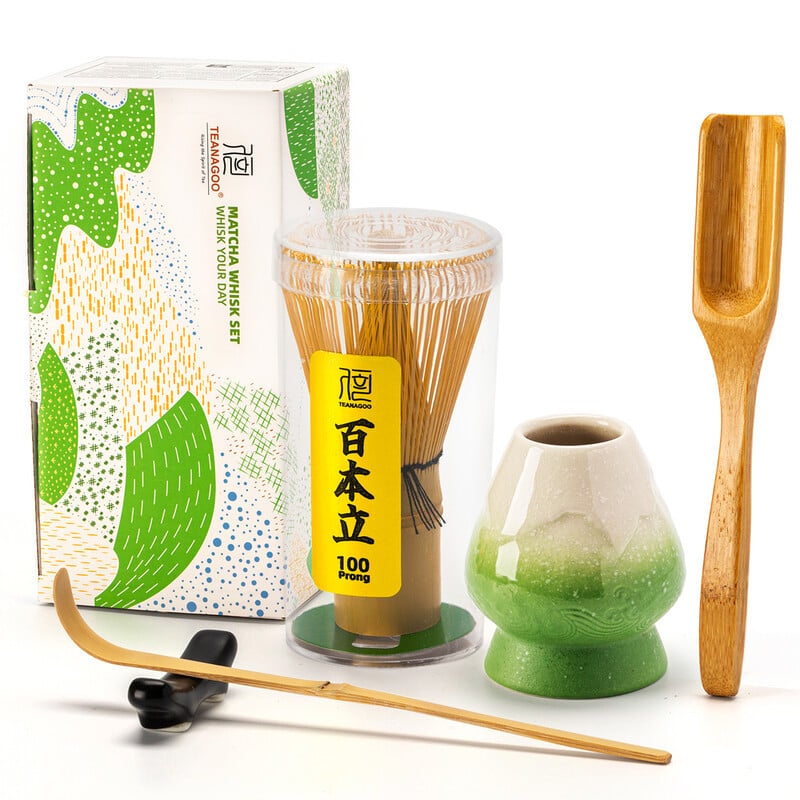 TEANAGOO Matcha Klopper Set, 6-delige Traditionele Matcha Starterset met Bamboe Chasen en Groene Houder