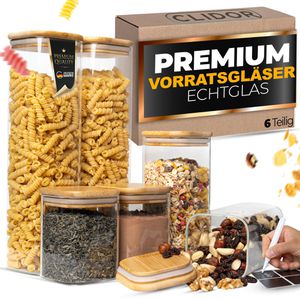 Clidor Vorratsglas mit Bambusdeckel, 0,45 / 0,86 / 1,5 Liter, eckig, luftdicht, Set, 6-teilig