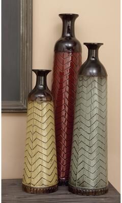 ARCILLA ELEMENTAL Multi Colored Metal Tall Enameled Bottleneck Floor Decorative Vase with Chevron Pattern (Set of 3)