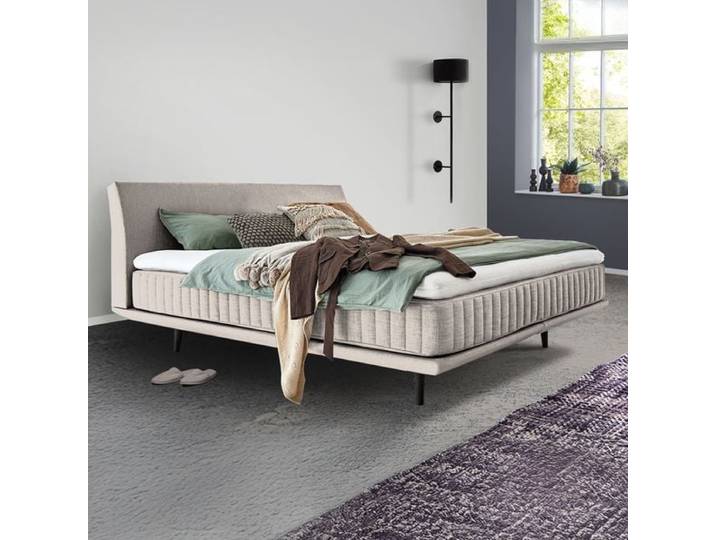 Boxspringbett Valtor Webstoff 180x200cm Taschenfederkern-Box Härtegrad: H3 Eiche skandinavisch, mit Partnerbezug