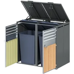MODFU Mülltonnenbox aus Stahl in Grau und Holzoptik, 2 Fächer, abschließbar, mit hydraulischen Klappdeckeln