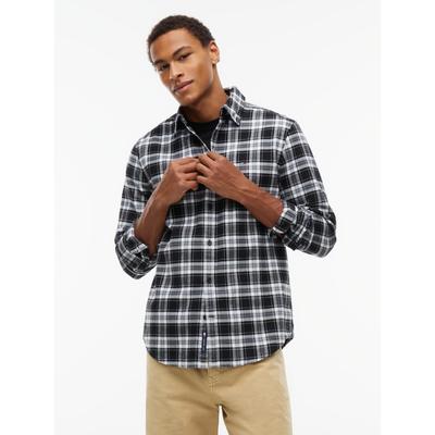 Flanellhemd TOMMY JEANS "REGULAR FLANNEL CHECK SHIRT", Herren, Gr. M (48/50), N-Gr, schwarz-weiß (schwarz check), Web, Obermaterial: 100% Baumwolle, regular fit normal, Rundhals, eingesetzt Manschette, Hemden, Regular fit mit Karomuster