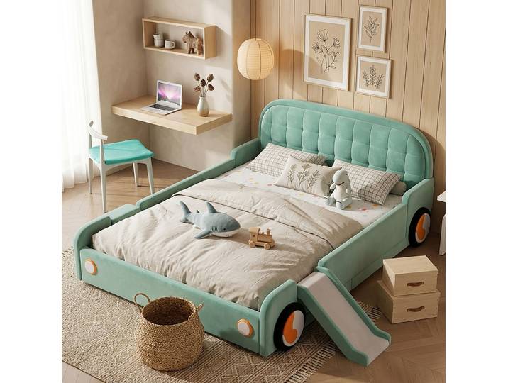 Lit Enfant 140/200 Cm Voiture Bleu-vert Avec Toboggan Et Escalier Montables À Gauche Ou À Droite