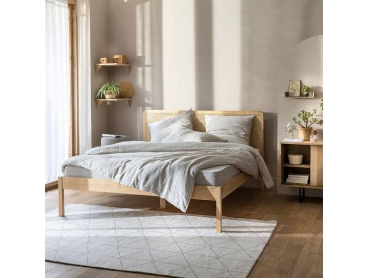 Lit adulte en pin massif tête de lit cannage ANNA 160x200 + set de 2 chevets cannage - Bois naturel - Terre de Nuit