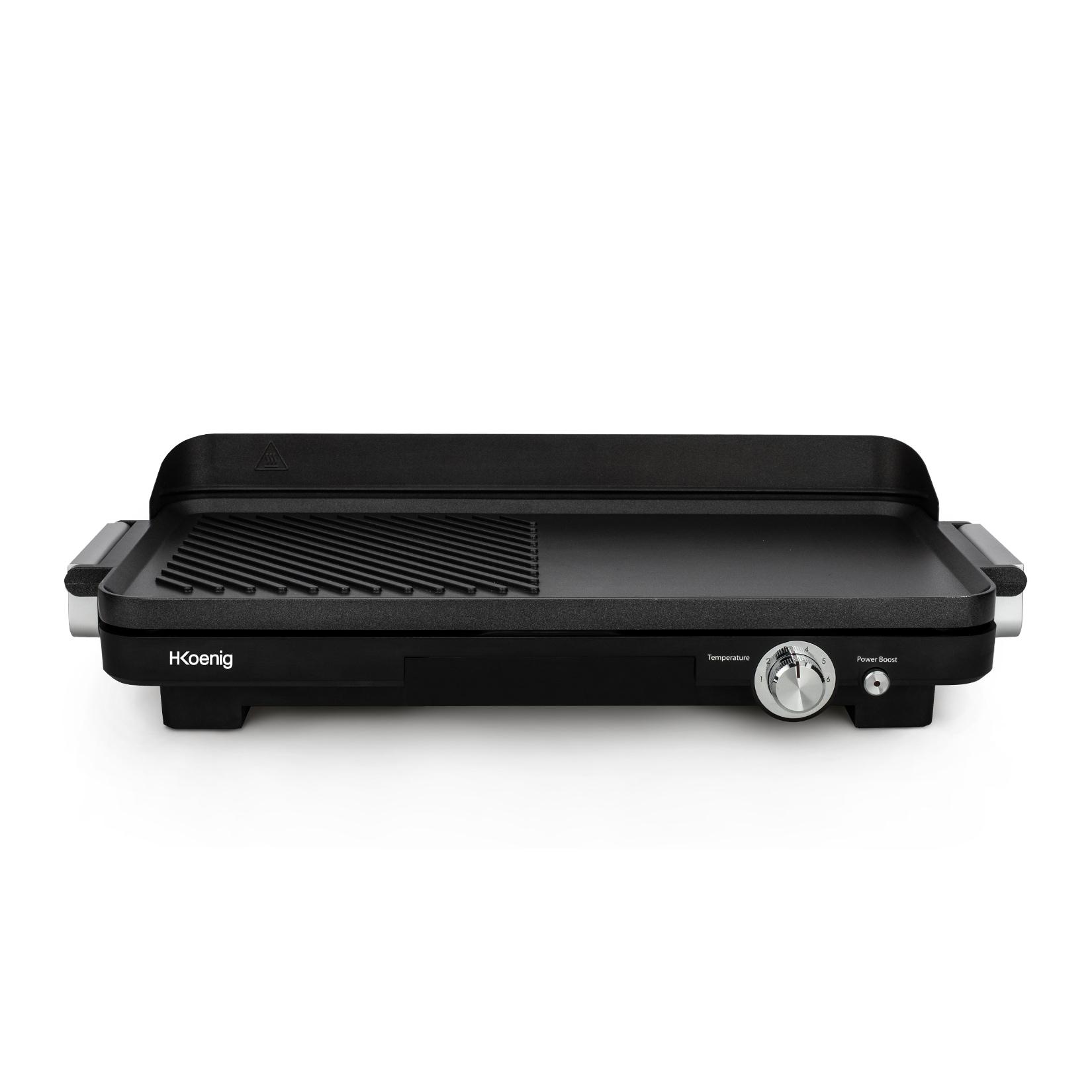 H.Koenig Grill und Plancha GRX330 / Elektrisch und kompakt / Für drinnen und draußen / Antihaftbeschichtung / Fleisch, Fisch, Gemüse