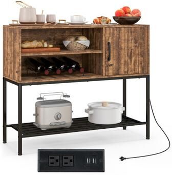 Costway Buffet Sideboard Coffee Bar Cabinet with Power Outlets and USB Ports-Rustic Brown