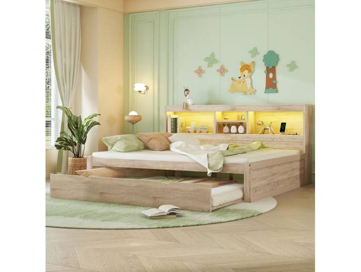 Lit Gigogne 140×200cm - Lit double - Éclairage - Prise USB - Rangement - Sommier Inclus - Bois Naturel