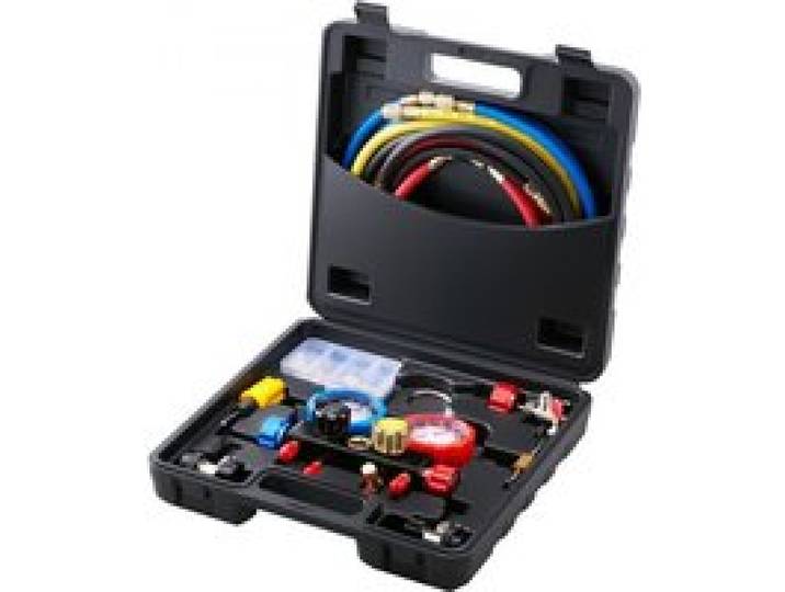 VEVOR Kältemittel Manometer 4-Wege Auto Kältemittel Verteiler Messgeräteset, R134A-R12-R410A-R22 AC 4 Stk. 1524 mm Ladeschläuche Kältemittel Manifold Messgerät AC-Diagnosewerkzeuge Autoklimaanlagen