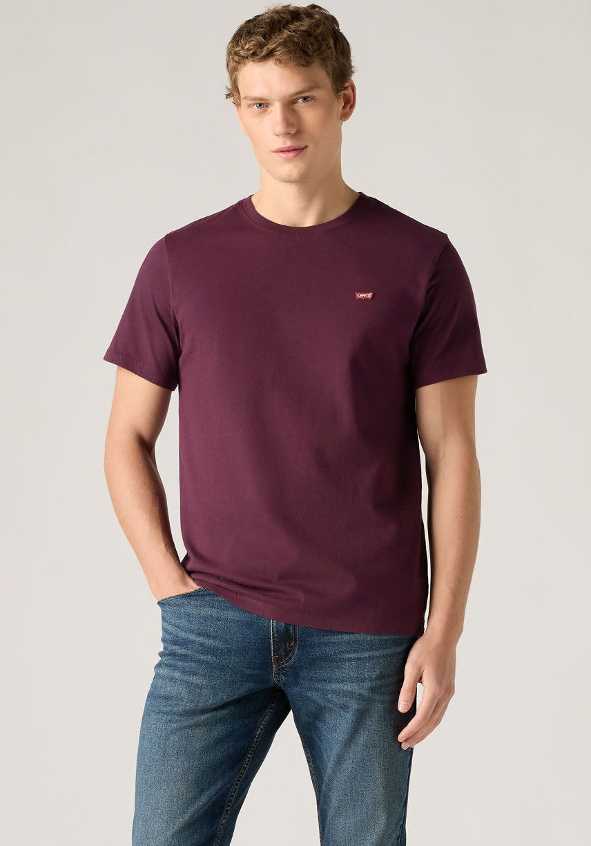 T-Shirt LEVI'S "ORIGINAL HM TEE", Herren, Gr. S, lila (potent lila), Jersey, Obermaterial: 100% Baumwolle, unifarben, normal hüftbedeckend, Rundhals, Rippbündchen, Shirts T-Shirt, mit Logo Print potent lila S