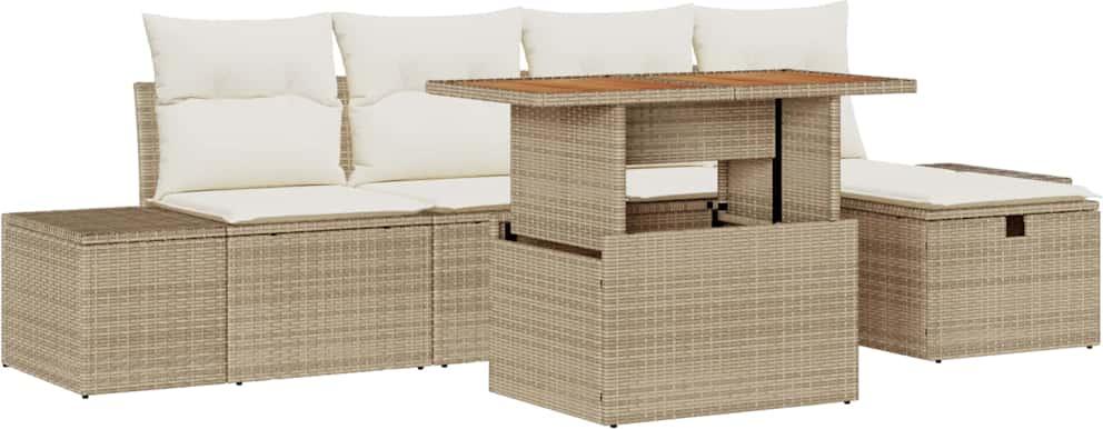Gartenmöbel-Set, modernes Lounge-Sofa für 5 Personen, Poly-Rattan & Akazienholz, höhenverstellbar, robuster Stahlrahmen, Beige