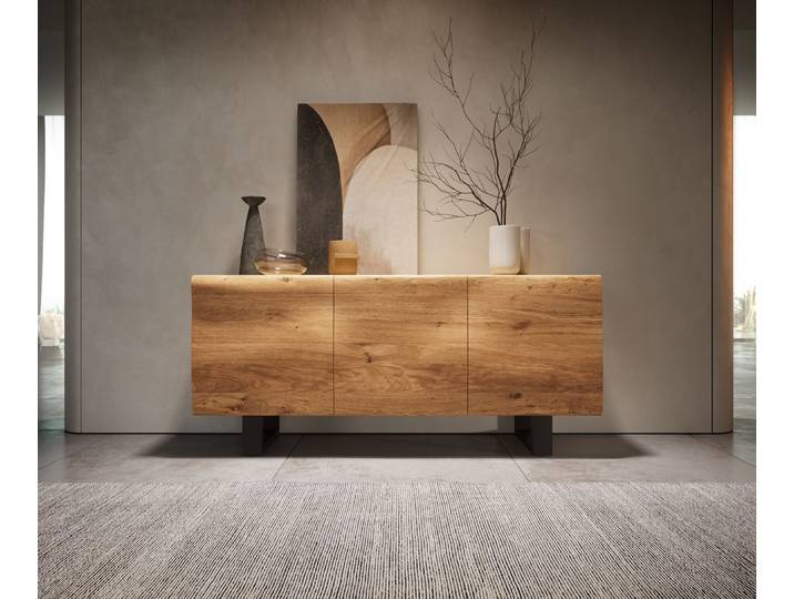 Buffet New Live Edge 145 cm chêne naturel 3 portes patin métal noir