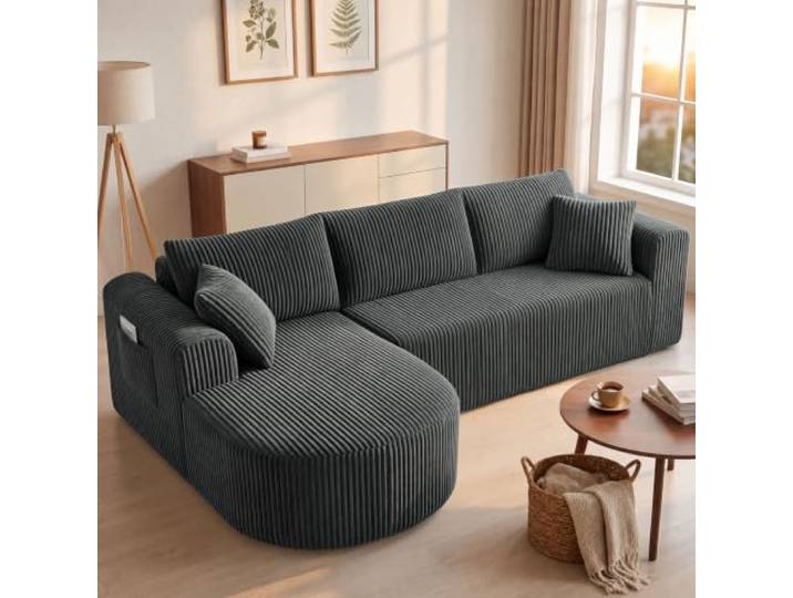 COMHOMA Ecksofa mit Schlaffunktion, 243cm Corduroy Modulares Boneless Couch mit Chaiselongue, L-Form Schlafsofa, Sektionssofas mit Kissen & Seitentaschen,Sofa für Wohnzimmer, Keine Montage, Grau