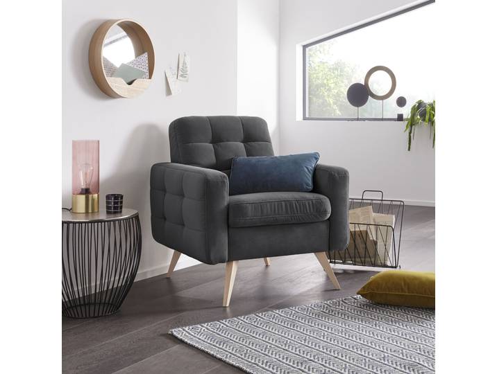 Sessel EXXPO - SOFA FASHION Nappa, Loungesessel, aktuelle Rückensteppung, bequem und modern , grau, B:81cm H:87cm T:78cm, Samtvelours (100% Polyester);Webvelours (100% Polyester), Sessel, Sessel, hoher Holzfuss