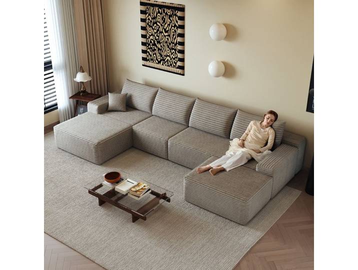 Canapé en tissu camel à assise profonde rembourrage en mousse haute élasticité velours côtelé