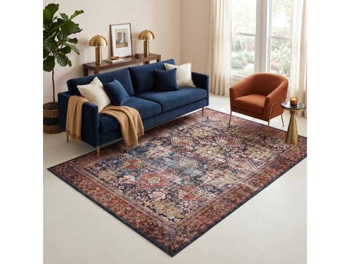 Tapis Oriental TAPISO Ispahan Persan Vintage Motif Médaillon - Antidérapant Bleu Foncé Rouge Rouille Salon Chambre Oeko-Tex 140x200