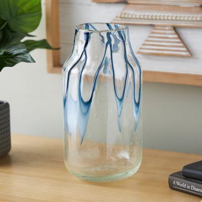 ARCILLA ELEMENTAL Cream Glass Abstract Vase with Wavy Blue Design