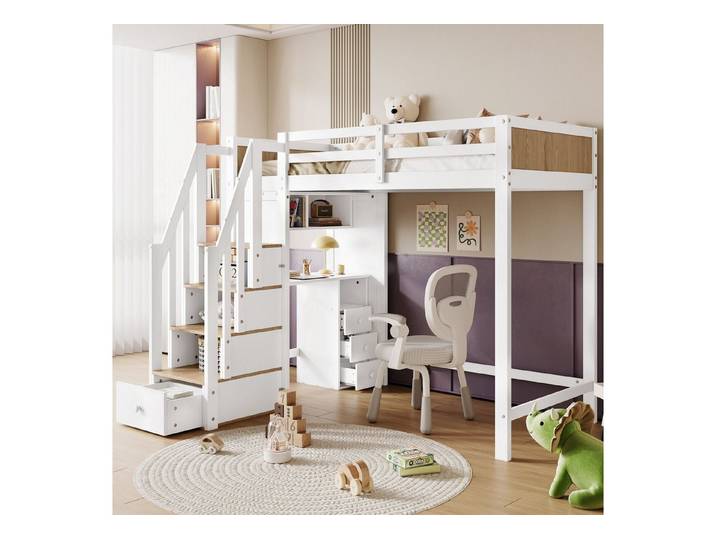 Merax Hochbett (Schrank mit 3 Schubladen, Offenes Regal) Etagenbett 90x200cm mit Stauraumtreppe, Schreibtisch und Schrank