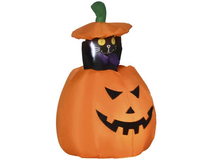 Outsunny 115 cm Halloween Deko Aufblasbar Kürbisgeist mit beweglicher Katze mit Led, Orange, Kunststoff, 64x115x76 cm, Dekoration