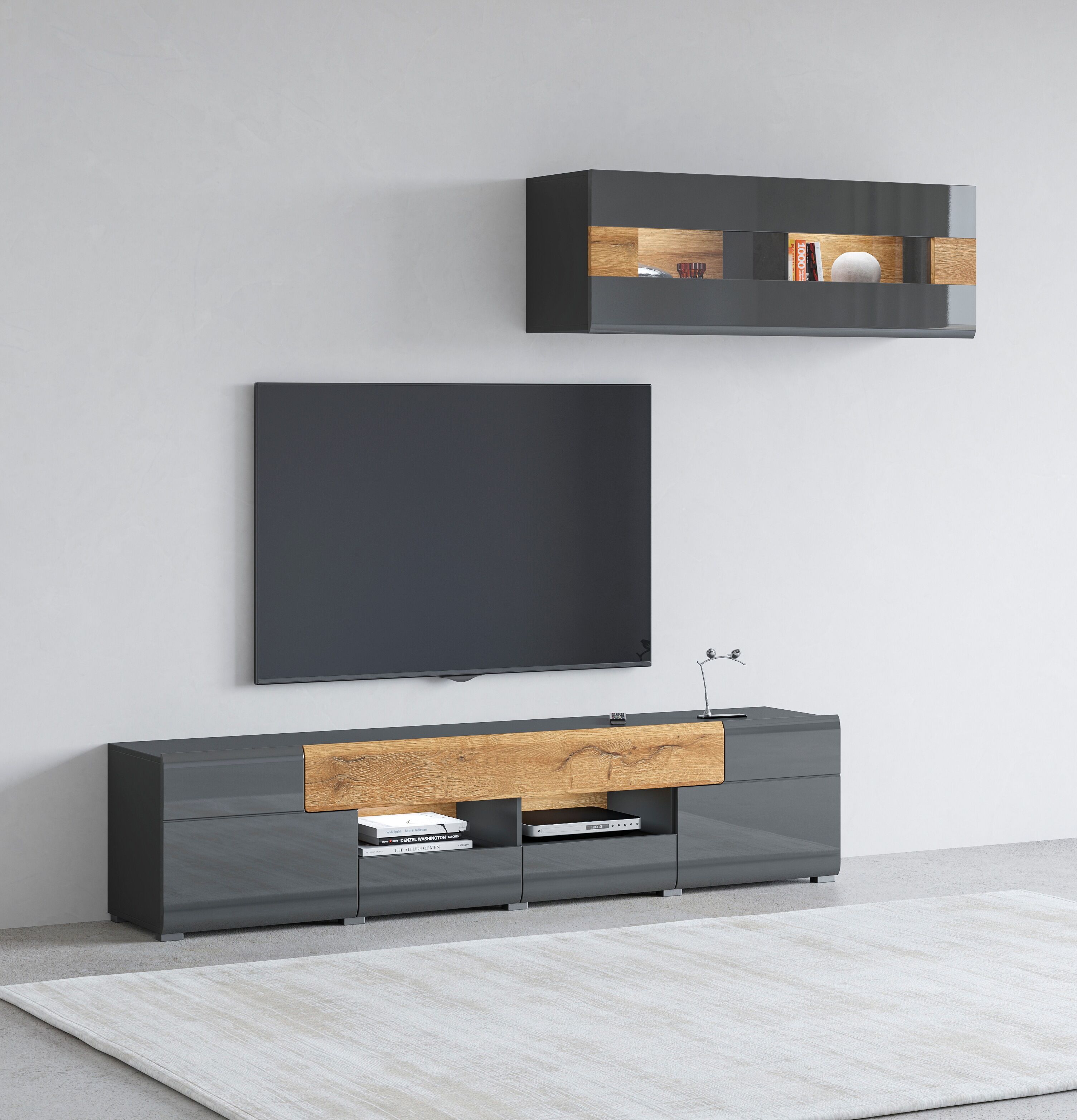 Wohnwand GOODPRODUCT "Toledo", grau (antrazit, antrazit hgl, grandson), B:209cm, Kastenmöbel-Sets, Wohnwand antrazit, antrazit hgl, grandson B/H/T: 209cmcm