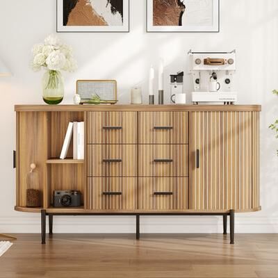 Garvee "Modern Fluted 59"" Dresser with 6 Drawers & 2 Door Cabinets, Ample Storage Sideboard Buffet"