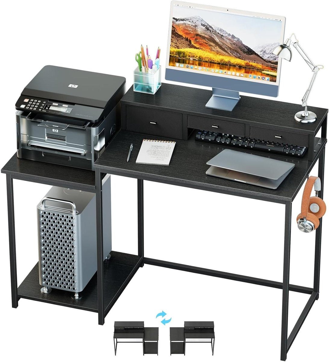 Zwart computerbureau met printerplank voor thuiswerk, studie en schrijven, Breedte: 120 cm, Diepte: 50 cm