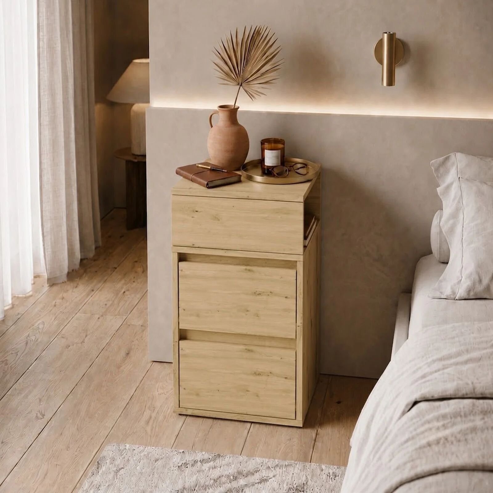 garneroarredamenti Comodino alto reversibile 27x65h cm 1 ripiano 2 cassetti rovere Stresa