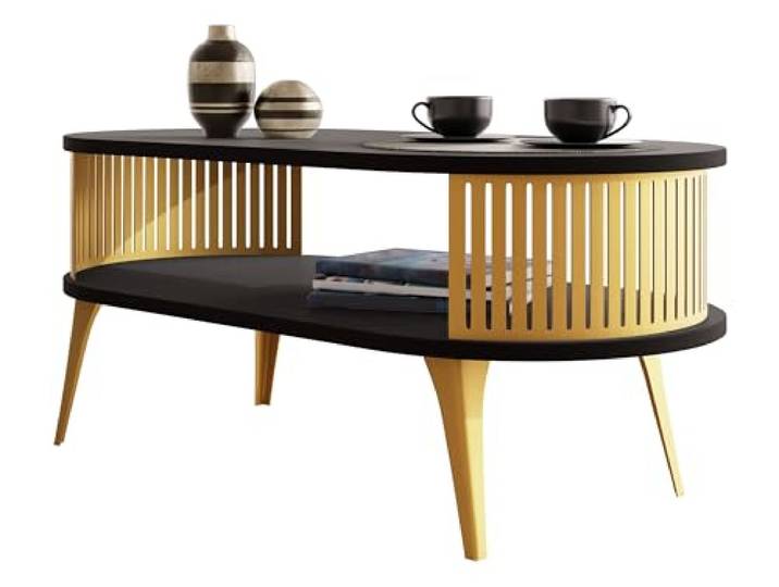 Mirjan24 Couchtisch Rajkon, ovale Form (Schwarz Molet, Gold) Moderner Wohnzimmertisch mit praktischer Ablage, pulverbeschichtetem Stahlgestell und pflegeleichter Oberfläche