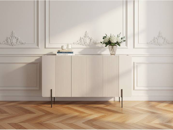 Buffet 3 portes 150 cm MATHILDE plateau effet marbre et pieds noirs