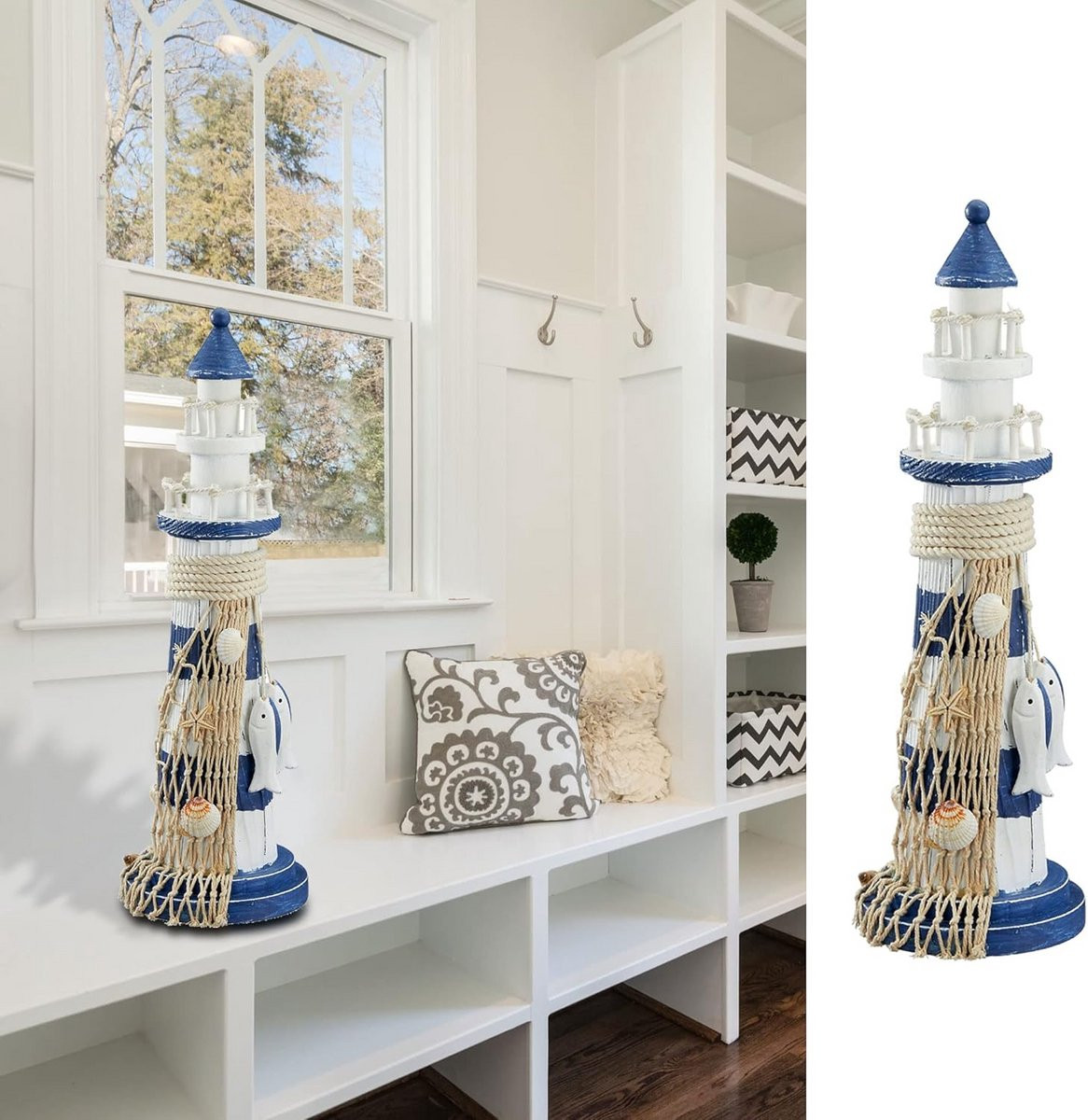 Houten Vuurtoren Decoratie met Maritiem Design, Vissen en Net, Hoogte: 33 cm