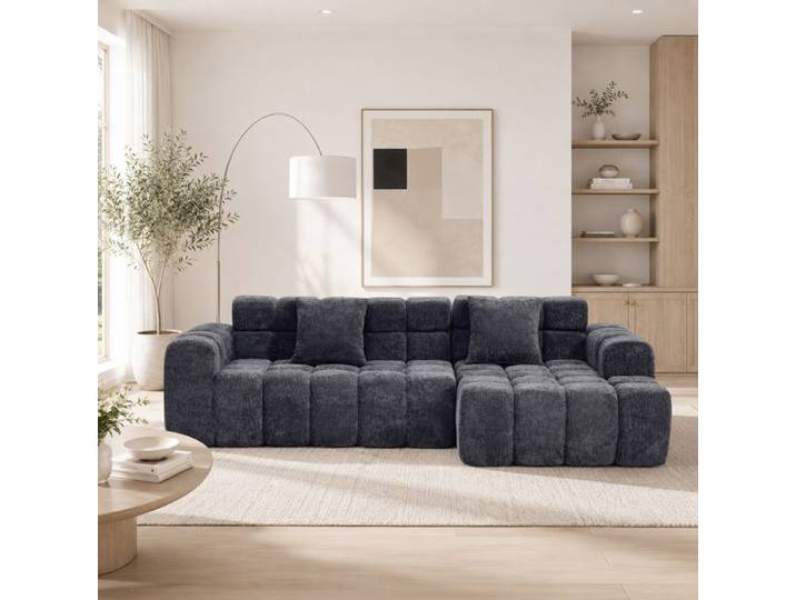 Canapé d'angle convertible modulable avec accoudoirs - TCQPZ - velours texturé gris charbon