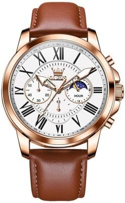 Everyday Crate OLEVS 9998 Mens Quartz Watch Diamond Dial Waterproof Leather Business Watch With Dual Calendar brown + Rose Gold White