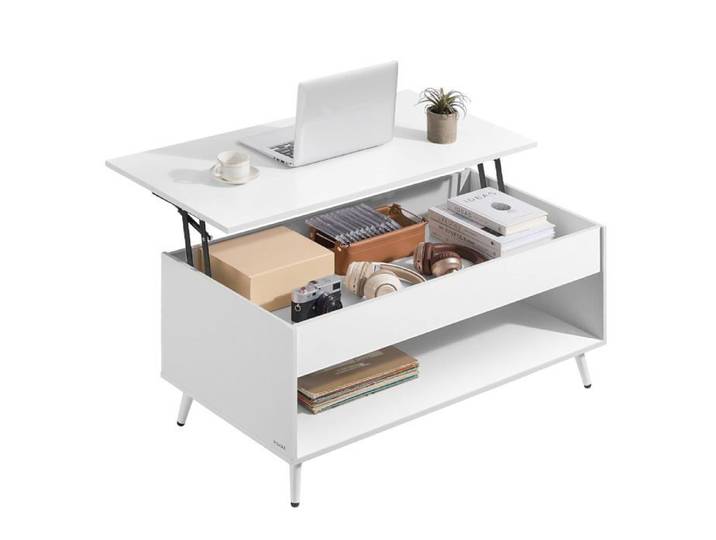 Table Basse Relevable Vérin à Gaz Rangement sous Plateau et Compartiment Ouvert Blanc Neige et Blanc Mat Moderne Salon et Bureau