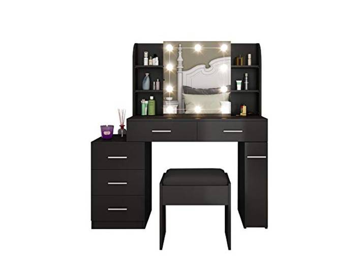 Schminktisch Set mit LED-Lichtern, Spiegel, 5 Schubladen, mit gepolstertem Hocker, Schminktisch für Mädchen Schlafzimmer (schwarz)