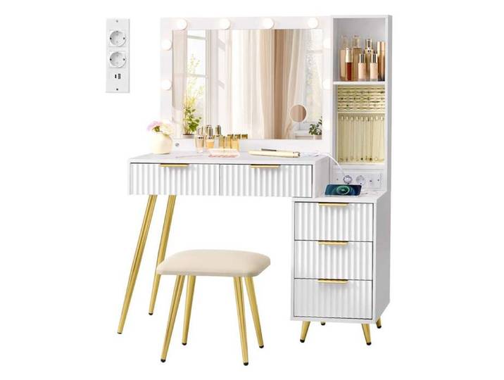 Coiffeuse - HELLOSHOP26 - Néo-luxe - Miroir avec 10 ampoules - 5 tiroirs - Multiprise intégrée