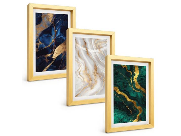 BILDER SET 3er Set - 20x30 cm Goldrahmen - Abstrakte blaugrüne Muster