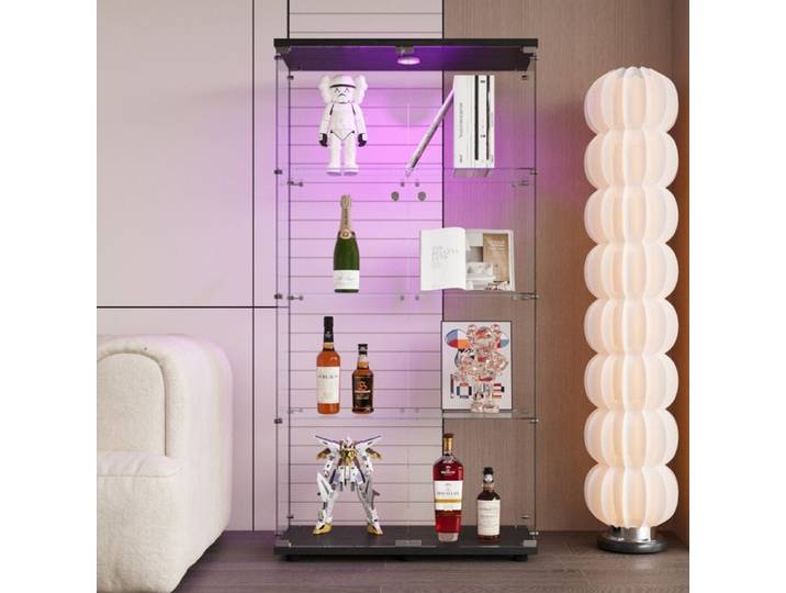 Vitrine en Verre Vitrine avec éclairage Led Vitrine Verre avec Porte avec 4 étagères Vitrine Pour Collection Noir