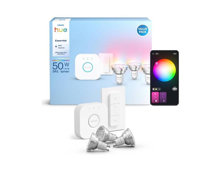 PHILIPS HUE Smart-Home Starter-Set Essential Starter Kit Hue Bridge + 3 x GU10 RGB + Dimmer , Energieeffizienz: F, weiss (weiß), B:50cm H:55cm T:50cm Ø:5cm, Smart-Home-Stationen, Smart-Home Starter-Set